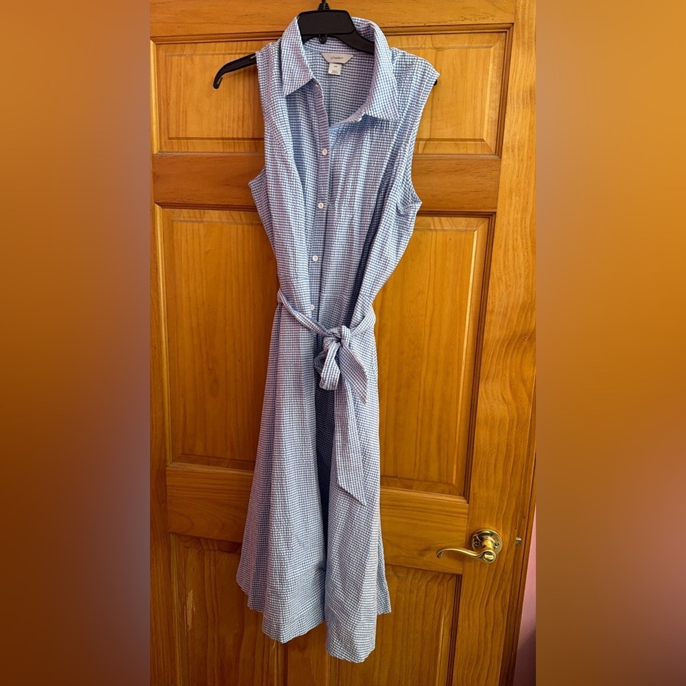 CJ Banks Blue and White Sleeveless Shirt Dress